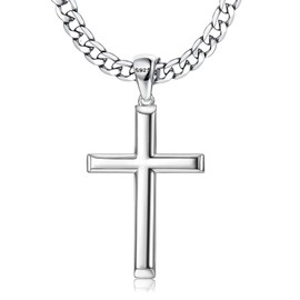 Adramata 925 Sterling Silver Cross Necklace for Men Women 5mm Stainless Steel Cuban Link Chain for Men Polished Silver Cross Pendant Chain Necklace Diamond-Cut Durable Mens Jewelry Gift 16-28 Inches