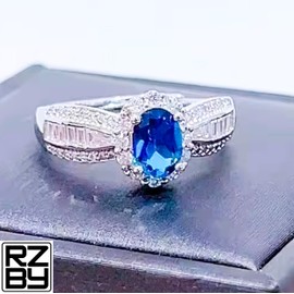 1.1 Carat Natural London Blue Topaz Adjustable Ring, Razzberry Custom Gemstone Designs, Rhodium Plated 925 Sterling Silver, Baquette 5A Zirconia Accents, velvet ring box included
