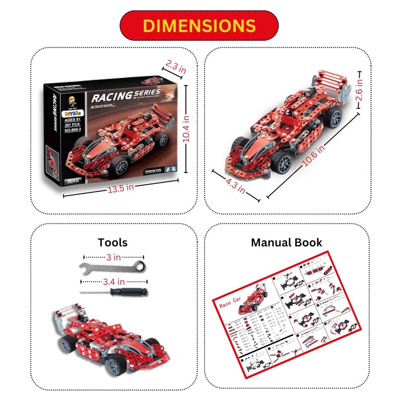 DIYBee Metal Model Car Kit, 287 Pcs STEM Building Toy
