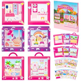AgincBerry Pink Princess Sticker Scene - 12 Set Princess House Scene Sticker Art Craft for Girls DIY Doll Dress Up Stickers Scene with Cosmetic Mirror Make Your Own Dress Up Stickers DIY Party Games