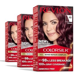 REVLON Revlon ColorSilk with Bond Repair Complex, Burgundy Permanent Hair Color, 100% Gray Coverage, Ammonia Free Hair Dye, Vegan Keratin, 48 Burgundy (Pack of 3)