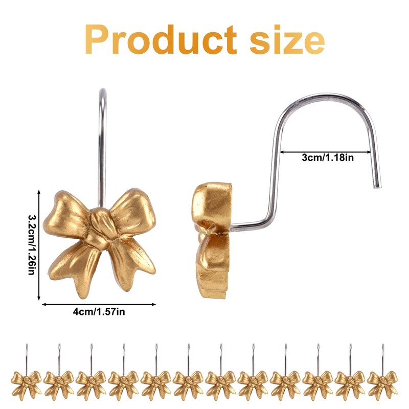 BOXOB 12pcs Gold Bow Shower Curtain Hooks Rings, Stainless Steel