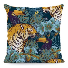 The Beach Stop Tropical Tiger and Toucan Scatter Cushion Cover | Unique Living Room & Bedroom Decor | Gift Idea | 45x45cm 18x18” | Tiger & Toucan