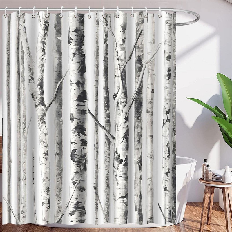 Birch Trees Shower Curtain Abstract Gray White Mottled Trunk Branches