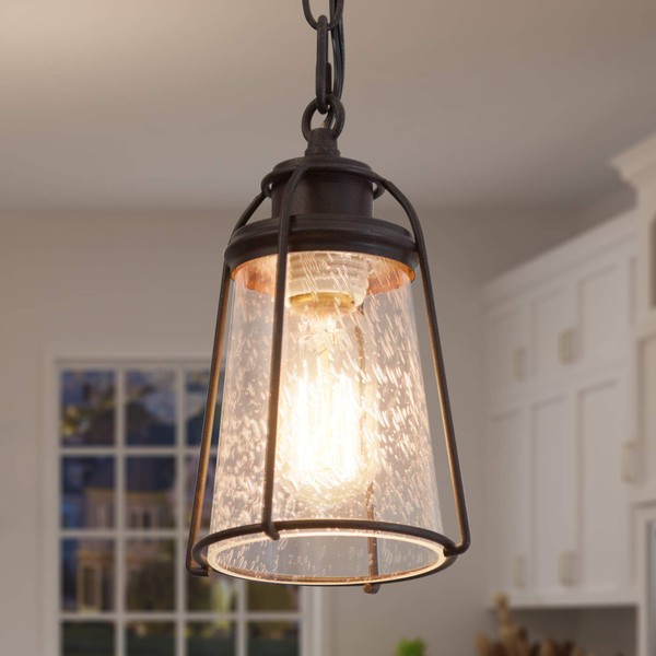 KSANA Farmhouse Pendant Lighting, Mini Rustic Hanging Light Fixture with Seeded Glass Shade for Kitchen Island, Foyer, Hallway, Bedroom and Entryway, Bronze