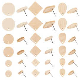 Pandahall 36Pcs Wood Studs Earring Findings Teardrop Flat Round Wooden Earring Blanks Geometry Wood Earring Posts for Jewelry Making (Burlywood Color)