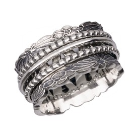 ENERGY STONE 925 Sterling Silver Fidget Ring | Women Spinner Ring | Chrysanthemum | Enduring Autumn Flower For Unyielding Spirit | Triple Silver Spinner Bands | Designer Statement Ring | Size 10