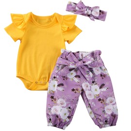 Baby Girls 3Pcs Floral Outfits Ruffle Puff Sleeve Romper Solid Color Bodysuit Elastic Waist Shorts Bowknot Pant with Headband (2-3T, D-Yellow)