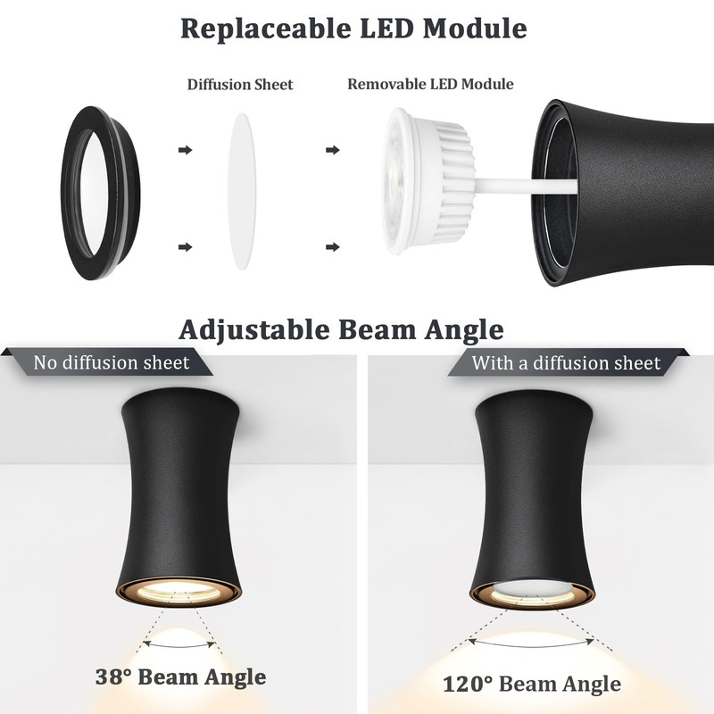 YindaLux LED Surface-Mounted Spotlight, Black, Diameter 64 x 100 mm,