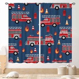 Fire Truck Curtains for Boys Room, Cartoon Fire Engine Fireman Car Vehicle Firefighter Blue Red Window Drapes Treatments for Kids Boys Girls Teen Bedroom Living Room Nursery 2 Panels, 63"x63" Inch