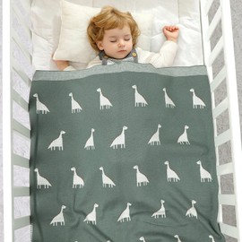 LAWKUL Baby Blanket 100% Cotton Knit Soft Breathable Blankets for Newborn Boy Girl, Dinosaur Green, Pram/Mose Basket(90x70cm)