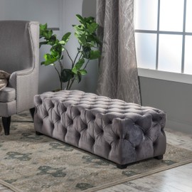 Provence Grey Tufted Velvet Fabric Rectangle Ottoman Bench