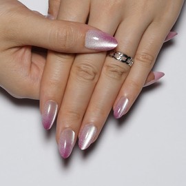Ombre Pink to White Cat Eye Press on Nails, Glossy Almond Shape with Sparkling Gradient, Long-Lasting & Comfortable, 24Pcs Set for Women