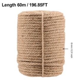 FUNSUEI 196 Feet 8mm Thick Jute Rope, Natural Hemp Rope Strong Jute Twine Heavy Duty Jute Rope for Hanging, Gardening, Camping, Bundling, Crafts, Brown