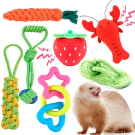 VZqola 7 Pack Ferret Chew Toys Ferret Bell Balls Squeaker Toy Squeak Teething Pet Toy Durable Knotted Tug of war Cotton Chew Rope Exercise Scratch Interactive Cat Dog Rope Set Small Animal