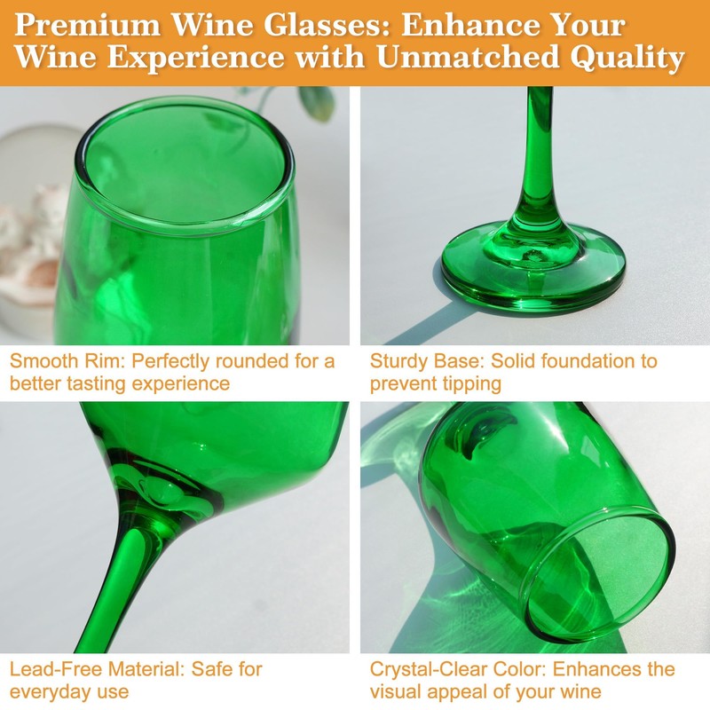 GLAZVIA Green Wine Glasses Set of 6, 14oz Stemmed Glasses,