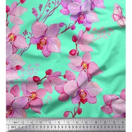 Soimoi Green Viscose Chiffon Fabric Bird & Orchids Flower Print Fabric BTY 42 Inch Wide