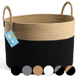 OrganiHaus Black Cotton Rope Basket w/Handles 20x13 | XXXLarge Blanket Basket Living Room | Large Woven Basket for Storage | Towel Basket for Bathroom | Large Basket for Toys | Woven Laundry Hamper