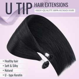 Fshine U Tip Hair Extensions Human Hair Jet Black Hair Extensions 14 inch 50g/50s Straight Keratin Hair Fusion Extensons for Women