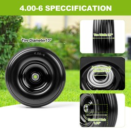 13Inch Wheelbarrow Tires 4.00-6 Flat Free Tire And Wheel with 5/8" & 3/4" Bearings, 1.75" Centered Hub for Wheelbarrow/Wagon/Trolley/Garden Scooter Cart，1Pack
