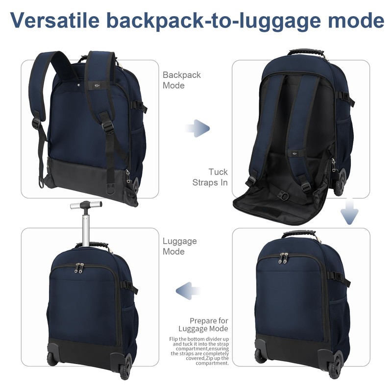 SWICKY RICOOI Backpack with wheels,rolling backpack with 2 Packing Cubes