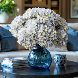 Uqueeten Artificial Flower Fake Silk Hydrangea Heads Bouquet with Stems Bulk for Fall Decoration Table Center Christmas Indoor Outdoor Faux Floral Realistic with Leaves Plants Crafts 8PCS(Blue)