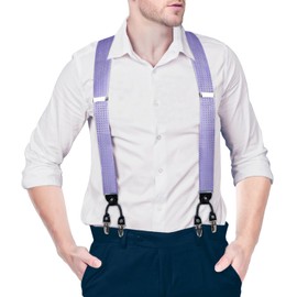 DiBanGu Conjunto de tirantes y pajarita morado claro para hombre, 6 clips en forma de Y, ajustables, resistentes, a cuadros color lavanda, y pajarita, juego de gemelos y pañuelo de bolsillo.
