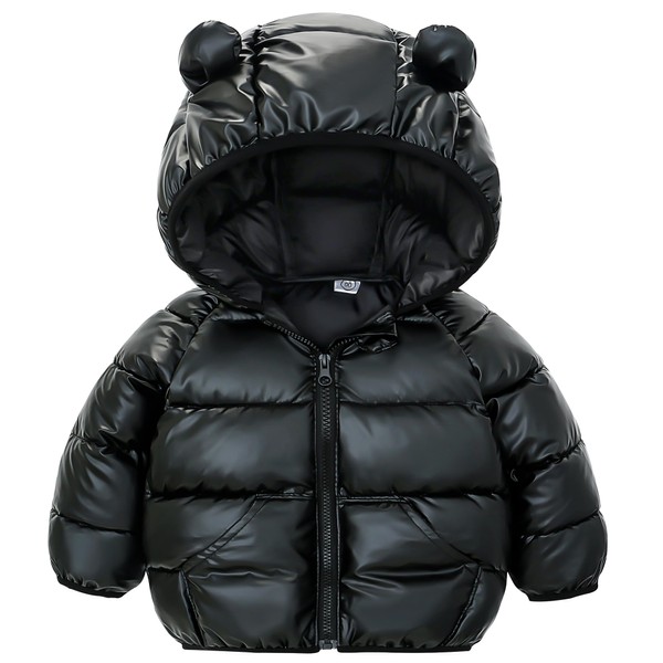 JinBei Winter Jacket Boys Winter Coat Girls Quilted Jacket Warm Children's Jacket with Hood Ultralight Children Plain Cute Baby Outerwear Jacket with Pockets Age 1-5 Years, black