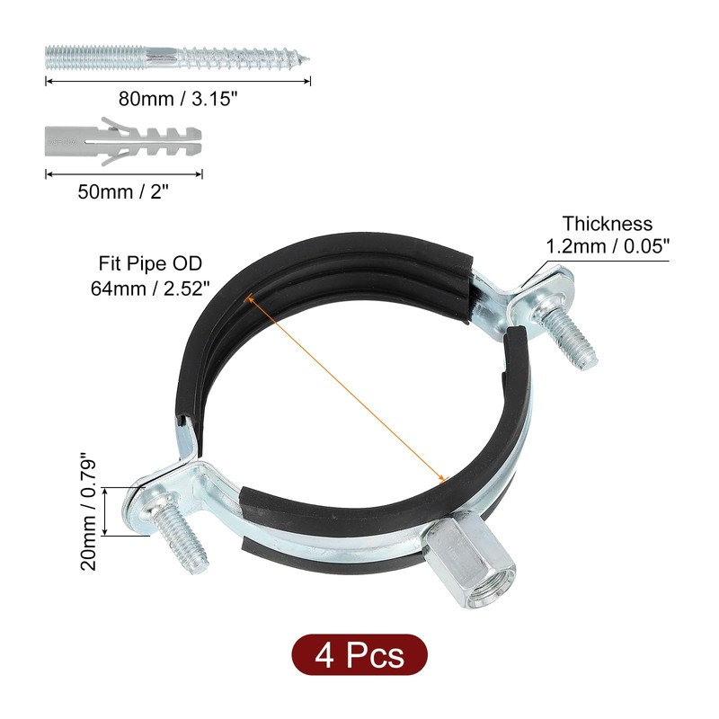 sourcing map 4 Pcs Adjustable Pipe Bracket Clamp, 2-1/2"(64mm) Wall