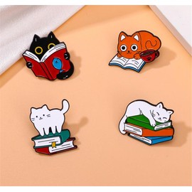 lihonzhi 4pcs Cat Book Enamel Lapel Pins Cute Animal Cat Brooch Metal Brooch Cat Reading Book Collar Pin Cartoon DIY Decorative Lapel Metal Badges Pin Book Lovers Jewelry Gifts Women Men Kids Hats
