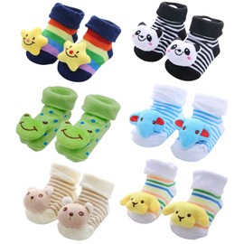 FedMois 6 Pairs Baby ABS Non-Slip Socks Cotton 3D Animal Designs, Boys.