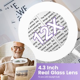 NUEYiO 12X Magnifying Glass with Light and Stand, 3-Color Stepless Dimmable LED Magnifying Floor Lamp, 24" Gooseneck Adjustable Swing Arm Lighted Magnifier Lamp with Clamp for Craft Esthetican-White