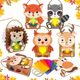 Children's Autumn Lanterns Craft Set, 6 Pieces, DIY St Martin Lantern for Children, Craft Saint Martin to Hedgehog, Fox, Elk, Squirrel, Raccoon, Owl with Lantern Rod