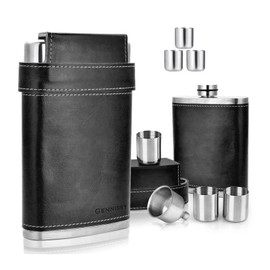 GENNISSY 18/8 Stainless Steel 8oz Flask - Americal Flag Black Leather with 3 Cups and Funnel 100% Leak Proof(Black Without US Flag)