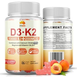 D3+K2 Gummies with Calcium Citrate, Magnesium, Vitamin C, Zinc, 10000 IU, Peach Flavor, Sugar-Free, 60 Count