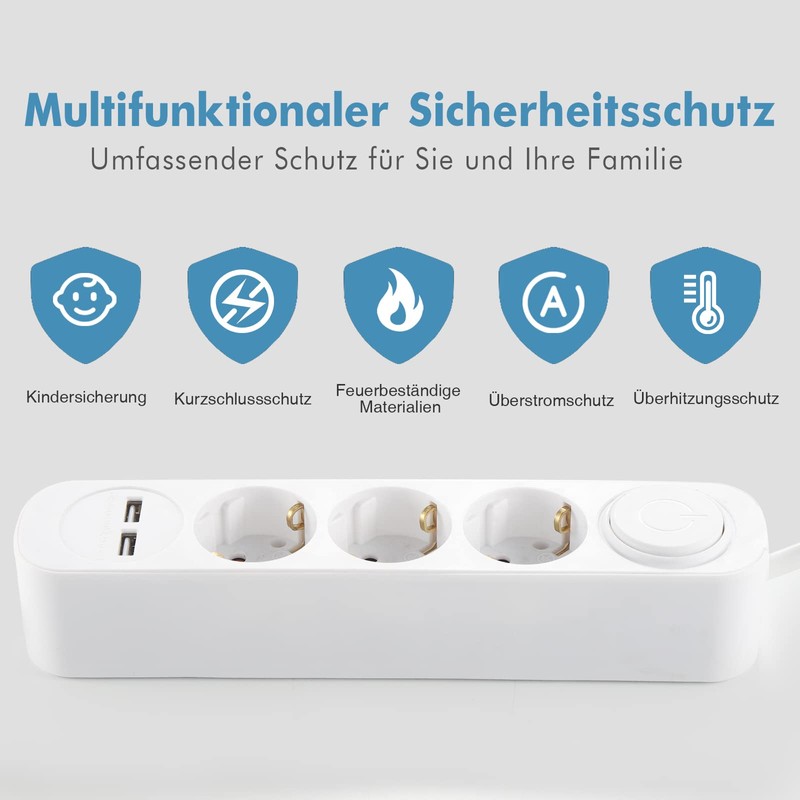 Mehrfachsteckdose mit USB, Realmade 3 Fach Steckdose, Verlängerungskabel Weiß 1,5m