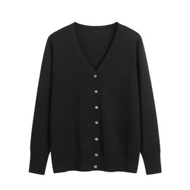 Blostirno Women's V-Neck Knit Cardigan, Cotton, Plain, Thick, Office, Loose, Spring and Autumn, Black