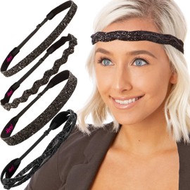 Hipsy Regular Size, Adjustable No Slip Sparkly Bling Mixed 4pk Headbands for Women Girls & Teens (Bling Glitter Mixed Black)
