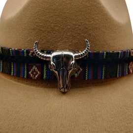 Yosang Wide Brim Men and Woman's Western Outback Cowboy Hat with Metal Bull Head Beige
