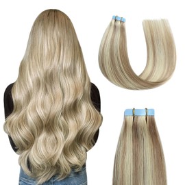 Sunya Tape Hair Extensions 12 inch Tape in Hair Extensions Human Hair Ash Blonde Highlighted Bleach Blonde Tape Extensions Natural Seamless Straight Tape in Human Hair Extensions 40g 20pcs/Pack