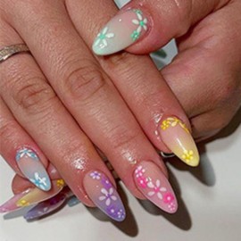 Summer Press on Nails Short Almond Glue on Nails with Colorful Flower Design Green Daisy Fake Nails Yellow Floral Stick on Nails Glossy Full Cover Spring False Nails for Women Girls Manicure 24Pcs