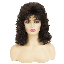 Brown 80s Curly Wig for Women Vintage Rocker Disco Costume Wig with Bangs Heat Resistant Synthetic Wig for Party Halloween Cosplay Use