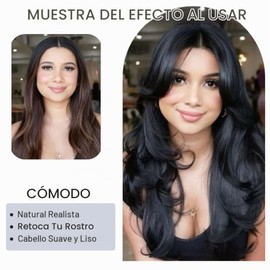 Peluca ondulada en capas marrón con reflejos ombré y flequillo tipo cortina para mujer, peluca sintética con reflejos marrón oscuro, peluca larga y ri