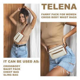 Telena Fanny Packs for Women Cross Body Bag Leather Belt Bag Fashionable Waist Bag with Adjustable Strap Beige Brown