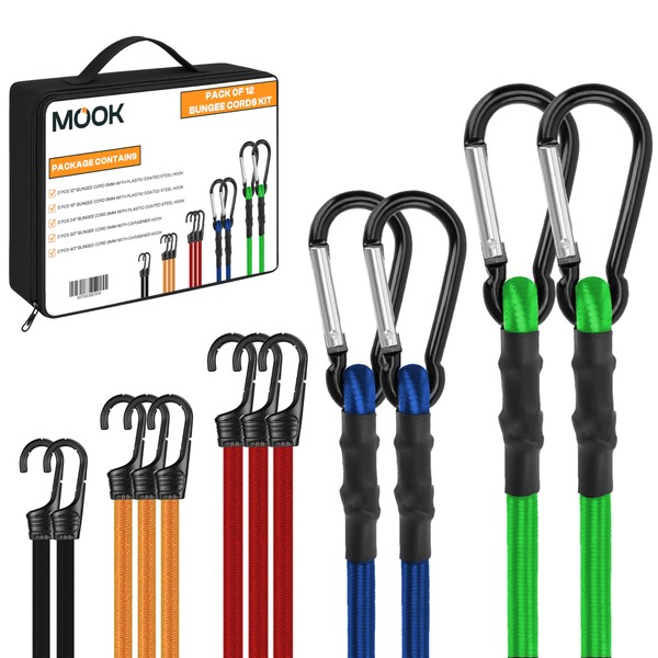 MOOK Heavy Duty Bungee Cords with Hooks, 12-Pcs Bungee Cord