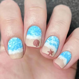24Pcs Summer Press on Nails Short Square Fake Nails Blue Wave Starfish Shell Design False Nails Matte Full Cover Glue on Nails Cute Artificial Nails Stick on Fingernails for Women Girls