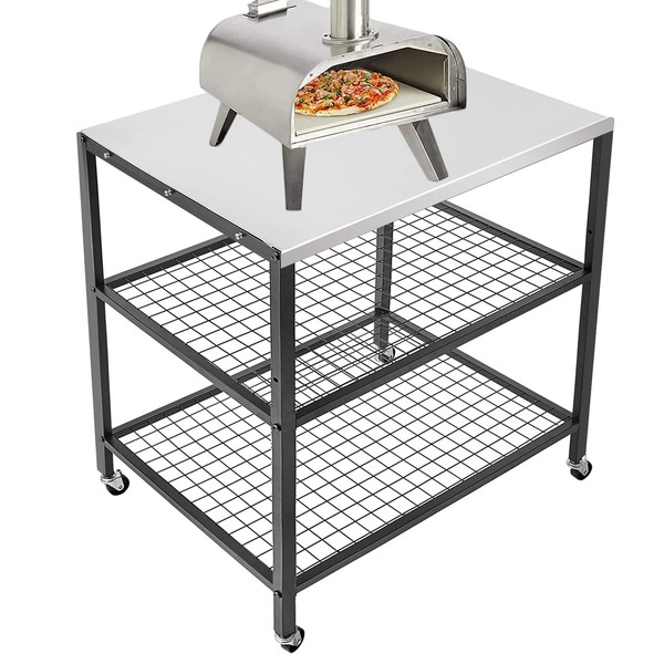 WEASHUME Stainless Steel Grill Cart Pizza Oven Stand Trolley Table with Wheels Three-Shelf Movable Food Prep and Work Cart Table Heavy Duty Grill Cart Outdoor Cart 31.5"×24"×35.5"