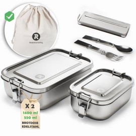 Rebelnomading 2 x Premium Stainless Steel Lunch Box Adult with Carry Bag, Foldable Spoon, Fork - 1400 ml Lunch Box Adult & 500 ml Lunch Box Stainless Steel Children - Leak-proof Lunch Box Metal