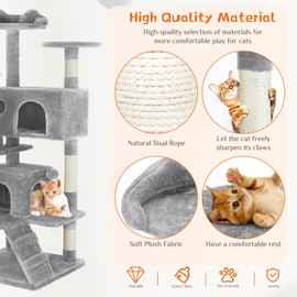 Sweetcrispy 54-Inch Cat Tree Tower – Multi-Level with Sisal Scratching Post, Perfect Pet Gift, Indoor Condo with Climbing Ladder, Plush Toy, and More Animal Stuff, Light Grey
