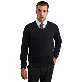 JENNIE LIU Men's 100% Pure Cashmere Long Sleeve Pullover V Neck Sweater (L, Black)
